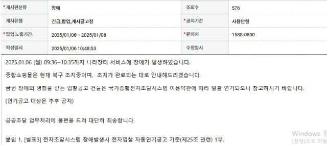 차세대 나라장터, 개통과 함께 장애