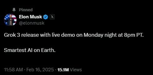 “지구상 가장 똑똑한 AI”…일론 머스크, 그록3 17일 공개