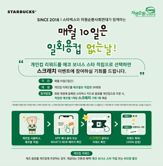 스타벅스 “매월 10일, 개인컵 이용하면 아메라카노 쿠폰 드려요”