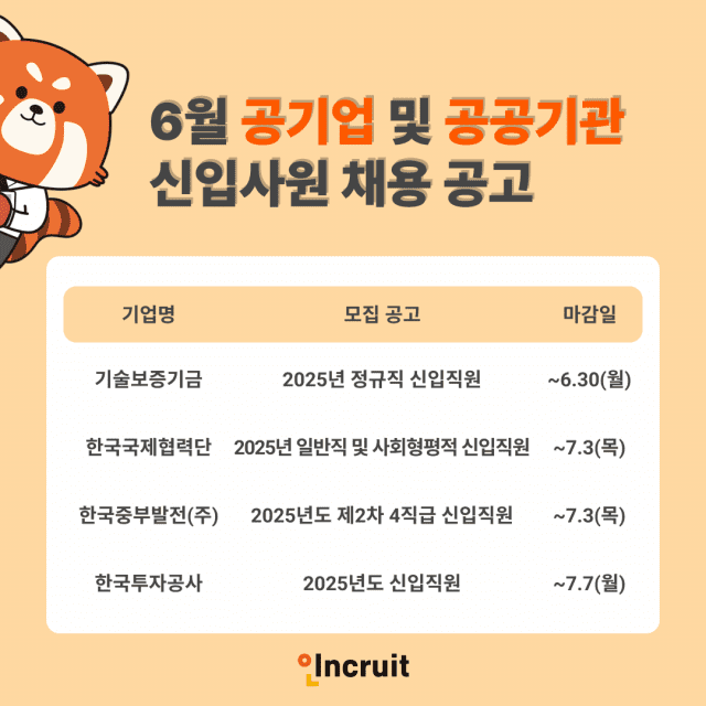 인크루트, 6월 공기업·공공기관 신입 채용 공고 소개