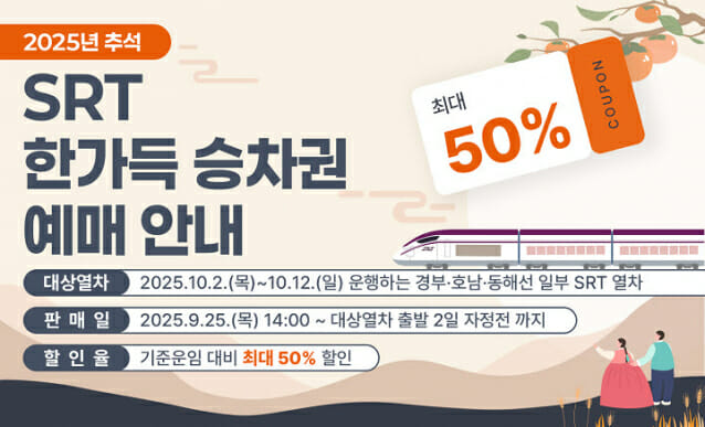 SRT 추석 연휴 최대 50% 할인…’SRT 한가득 승차권’ 판매