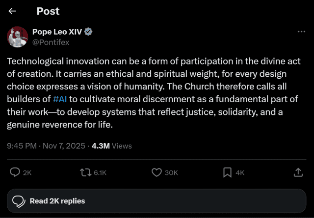 교황 레오 14세 “AI 개발에 인간 존엄·생명 가치 반영해야”
